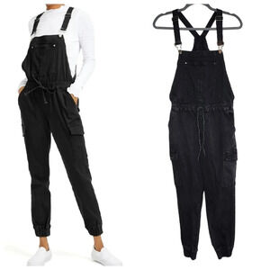 Almost Famous Black Stretch Denim Jogger Cargo Overalls. Size Large